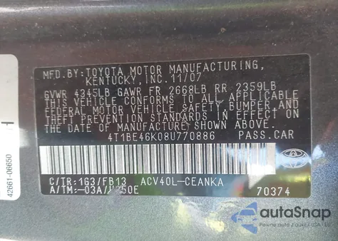 2008 Toyota Camry Le z USA, uszkodzony, nr VIN 4T1BE46K08U770886